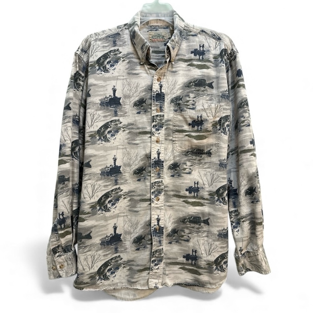 RedHead Mens Medium All Over Print Fishing Scene Shirt Bass Boat Cotton Outdoors